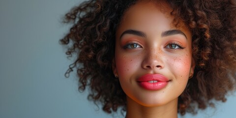 In a close-up portrait, a young Caucasian woman showcases beauty with fresh, natural skincare and...