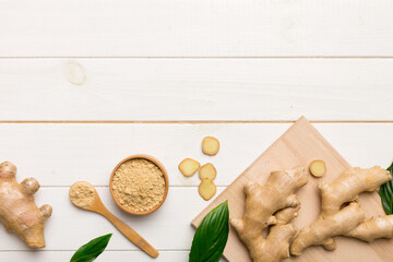 ginger on Cutting board table, top view. Space for text
