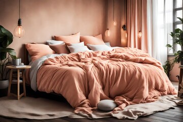 A comfy bedroom with a bed dressed in soft peach fuzz color bedding. Modern trendy tone hue shade