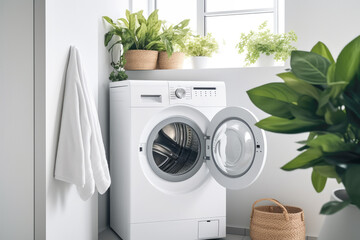 Interior of bathroom with washing machine and green plants.