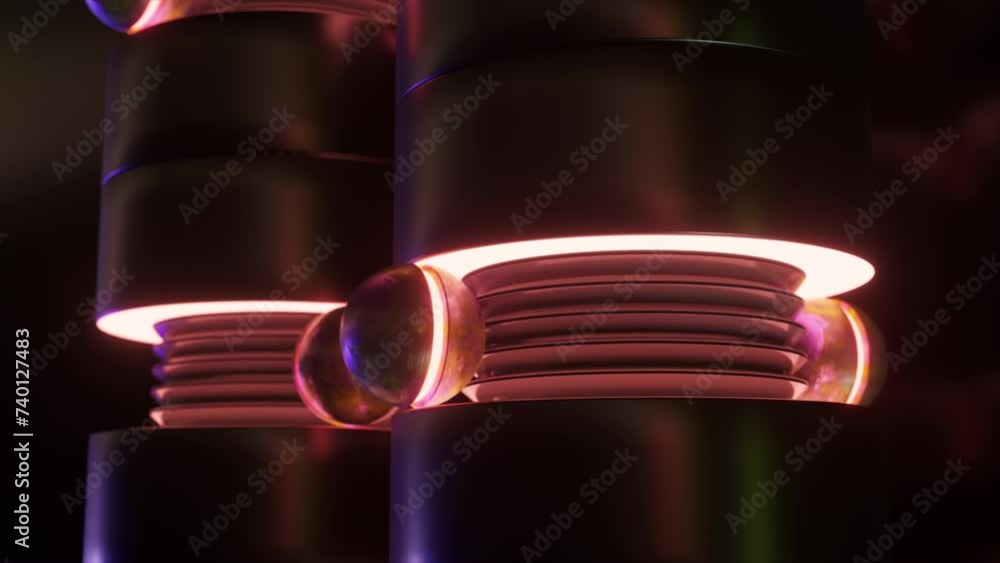 Poster illuminated metallic structures with vibrant orbs in a moody 3d animation sequence.
