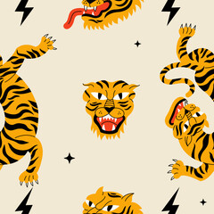 Vector illustration set with walking tiger and tiger head. Cartoon animal character. Seamless pattern