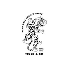 Vector linear logo with walking tiger and head of tiger illustrations. Template sign and symbol