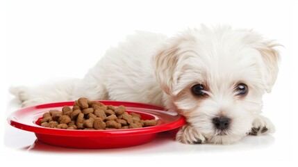 White fluffy dog near a red bowl of dry food on a white background.