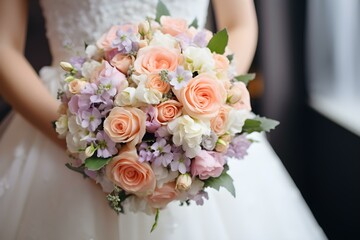 Obraz na płótnie Canvas Wedding bouquet with diverse flowers in hands. Concept Wedding Photography, Floral Arrangements, Bridal Bouquet, Wedding Inspiration, Diverse Flowers