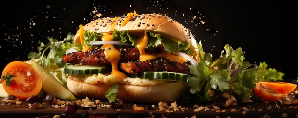 fresh beef cheeseburger sandwich with flying ingredients and spices hot ready to serve and eat with copyspace area