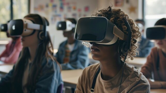 group of kids at school with virtual reality glasses