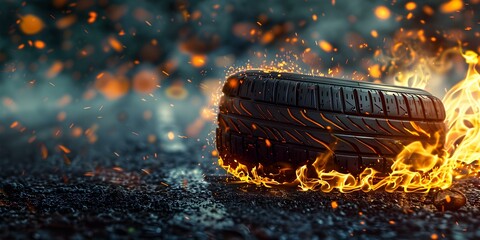 A fiery tire blazes on a dark road in a racing scene. Concept Racing, Fiery Tire, Dark Road, Action Shot, Intense Scene - obrazy, fototapety, plakaty