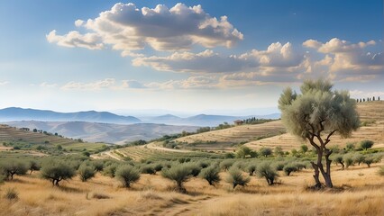 Fototapeta na wymiar Expansive hills adorned with scenic olive groves, offering a panoramic view of the picturesque countryside. This idyllic landscape captures the beauty and tranquility of rural life