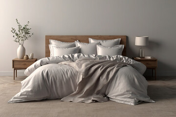 Fototapeta na wymiar Bedroom interior with wooden bedside table and white pillows. 3d render