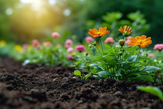 Gardening scene with flowers and soil design