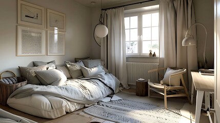 A Scandinavian guest room with a modular sleeper sofa in light gray, offering functionality without sacrificing style