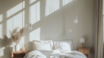 a Scandinavian bedroom with a wall mounted bedside table and pendant lights for a minimalist look - obrazy, fototapety, plakaty
