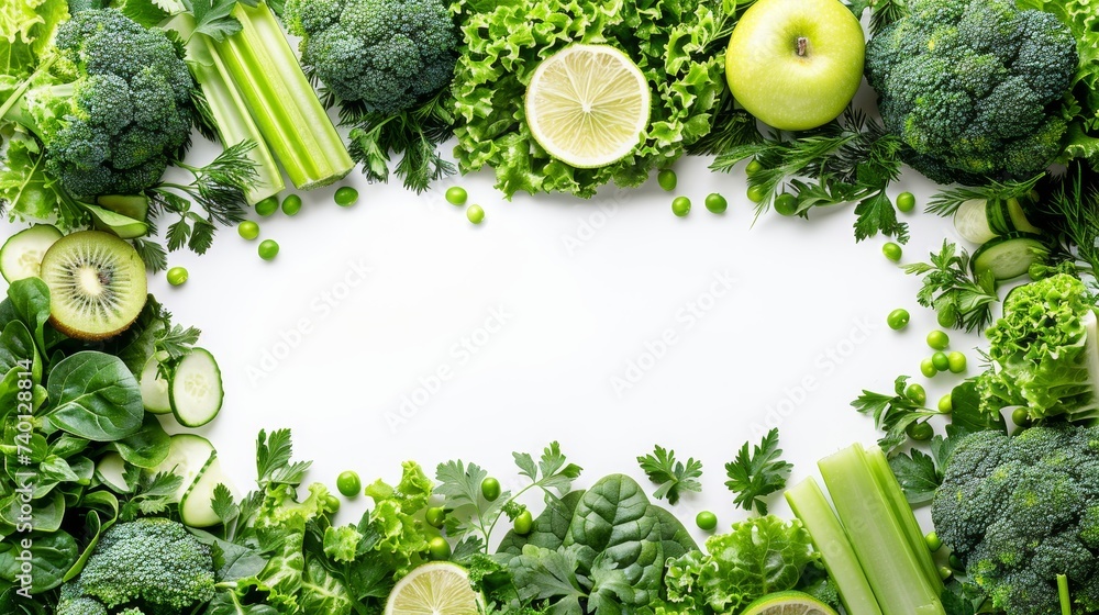 Wall mural A group of various vegetables and fruits are artfully arranged in a circular pattern, creating an eye-catching display of vibrant colors and textures