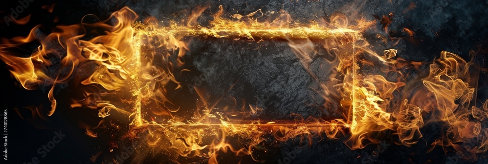 Poster rectangular frame engulfed in vibrant flames against a pitch-black background, creating a mesmerizing contrast between the intense heat and darkness