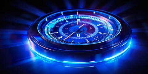 Glowing neon line with speedometer speed time clock icon in blue neon style. modern conceptual...
