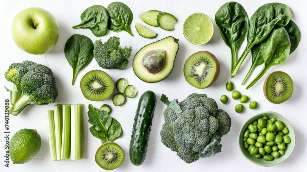 Poster A white table is adorned with a diverse assortment of fresh green fruits and vegetables, creating a colorful display of nutritious ingredients