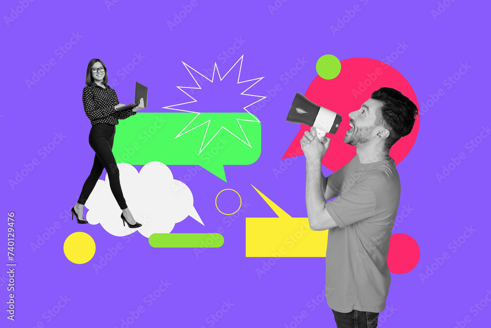 Poster artwork sketch collage of young guy hold toa shouting announcing tasks hurry up work hard isolated o