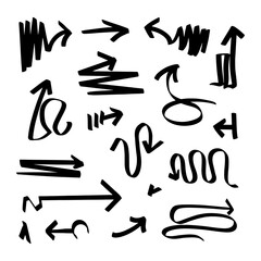 Collection hand drawn arrows. Set simple arrows isolated on white background. Arrow mark icons. Arrow paint - stock vector, Hand drawn freehand different curved lines, swirls arrows. Doodle marker.