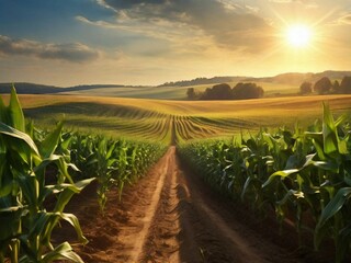 Village area big corn field, modern agri technology, sunlight, food safety, natural looks.