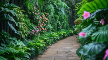 A scenic walkway lined with vibrant green plants and colorful flowers creates a mesmerizing display of natures beauty