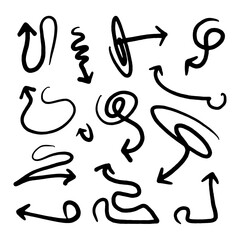 Collection hand drawn arrows. Set simple arrows isolated on white background. Arrow mark icons. Arrow paint - stock vector, Hand drawn freehand different curved lines, swirls arrows. Doodle