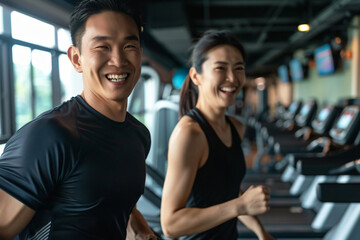Fototapeta na wymiar Happy Asian Couple Enjoying Workout Session in Gym. Generative AI.