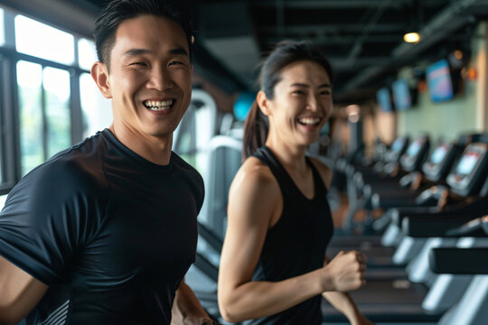 Happy Asian Couple Enjoying Workout Session in Gym. Generative AI.