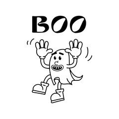 Halloween vector ghost groovy character. Holidays greeting card. Trick or treat. Isolated on white background. For flyers, invitations, cards. boo