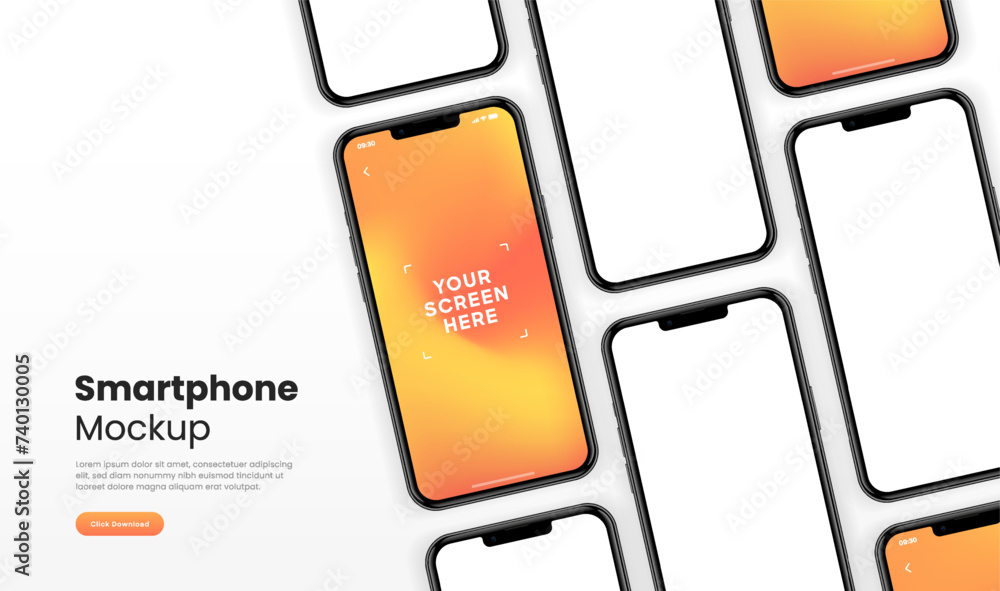 Poster 3D realistic high quality smartphone mockup with isolated background. Smart phone mockup collection. Device front view. 3D mobile phone with shadow on white background.