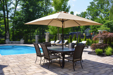 Outdoor Patio Umbrella With Table and Chairs Near Swimming Pool