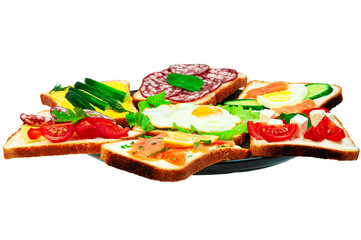 appetizing sandwiches in a gray plate on a white background. slices of bread with vegetables and meat in a plate on a light texture