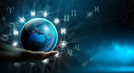 Astrological zodiac signs inside of horoscope with planet Earth in hand. Knowledge of the stars in...