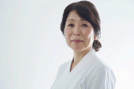 High-quality image of a Japanese caregiver providing care, featuring a caregiver, against a white background,