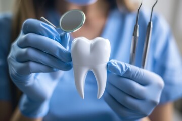 Oral dental hygiene. Healthy white tooth model and dentist mirror instrument in dentist hands and rubber gloves. - obrazy, fototapety, plakaty