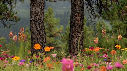 A pine forest on a meadow with colorful flowers