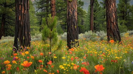 A pine forest on a meadow with colorful flowers