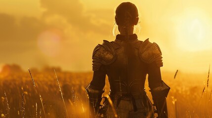 A woman in medieval armor on a field - obrazy, fototapety, plakaty