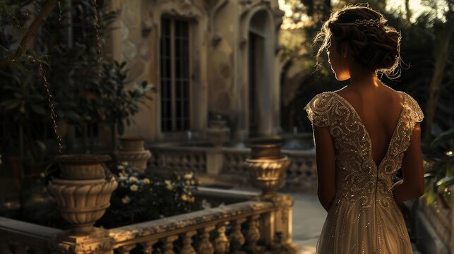 A woman in a dress from the 1920s in the yard of a luxury house from that time