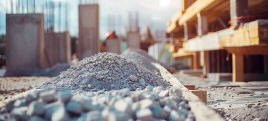 A construction site with rocks and soil rendered in light navy and gray emphasizes materiality and precision engineering