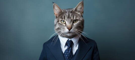 Anthropomorphic cat in business attire in corporate office studio with copy space on plain wall.