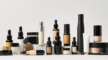 Clean beauty products, ranging from skincare to makeup,  are arranged in a visually appealing manner