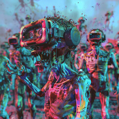 Unique 3D animators vision of zombies invading a virtual reality world with vivid surreal colors