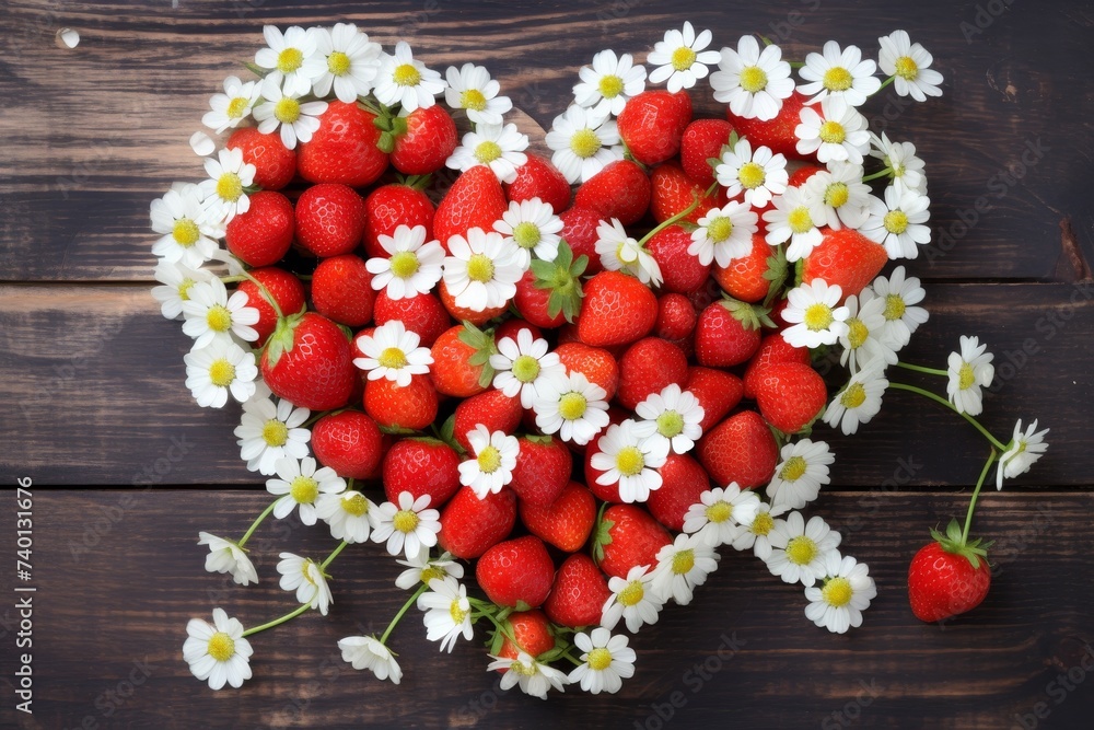 Poster a creative and artistic arrangement of strawberries and daisies forming a heart shape, creating a be