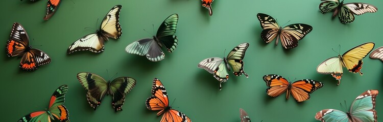 beautiful colorful all kinds of butterfly isolated on green background 