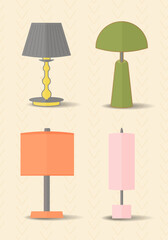 Vector illustration of set of table electric lamps in flat style. On isolated background.