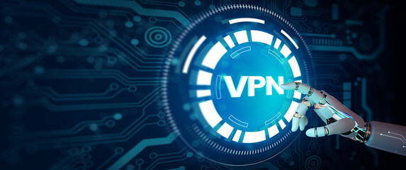 Ai Robot hand pointing to VPN network security internet privacy encryption with Artificial Intelligence Technology. Abstract Background. Business, Technology, Internet network Concept. 3D Rendering.