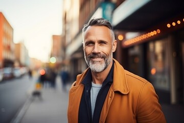 Fototapeta premium Portrait of a handsome mature man in a city street. Men's beauty, fashion.