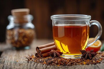Hot tea in a glass cup and a jar with dried tea grass on an old wooden table. Spices and cinnamon