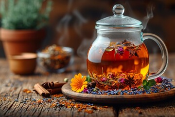 Hot tea in a glass cup and a jar with dried tea grass on an old wooden table. Spices and cinnamon